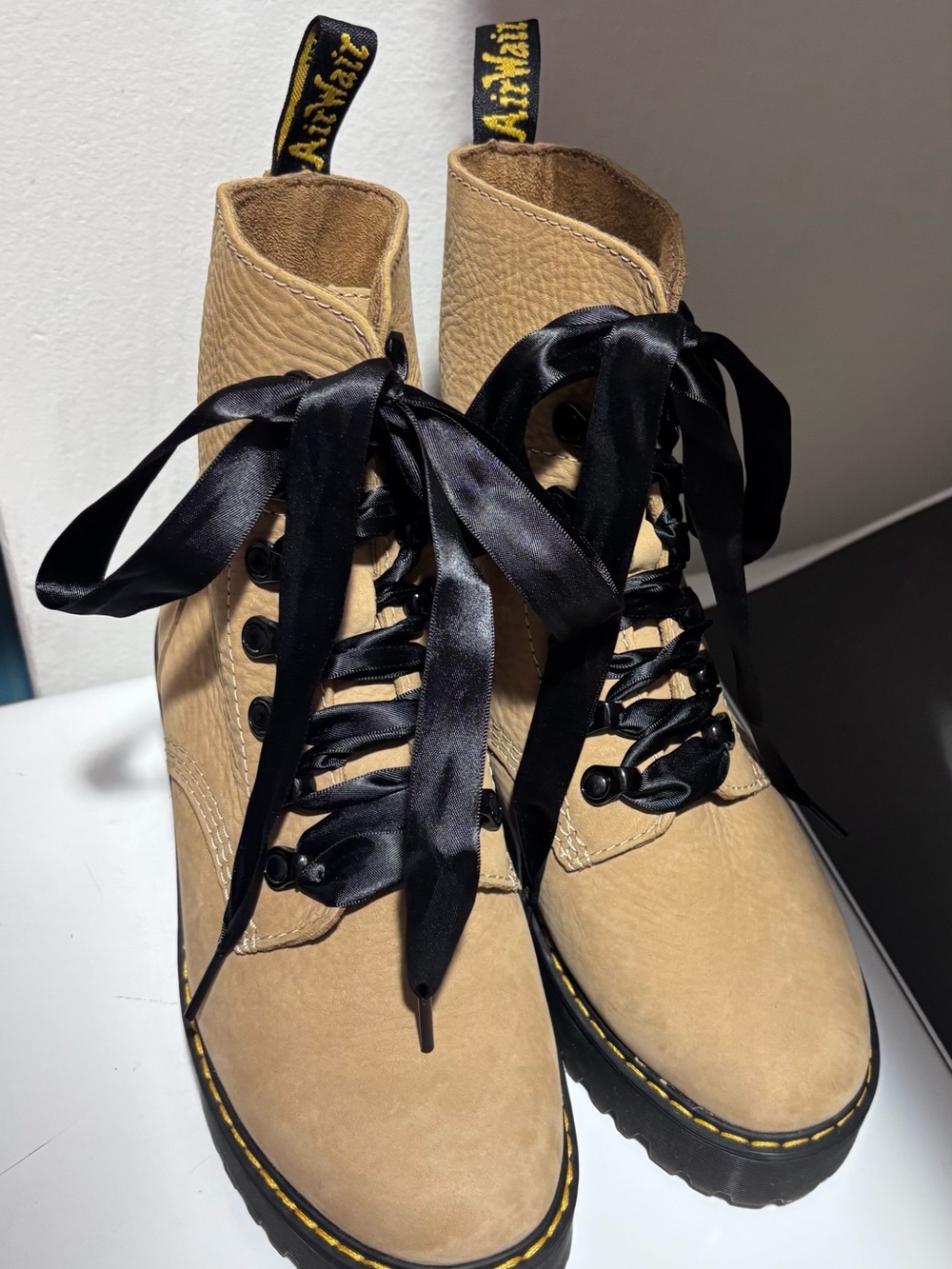 DR MARTENS LEONA NUBUCK LEATHER LACE UP BOOTS (in sand with Black Satin Laces)